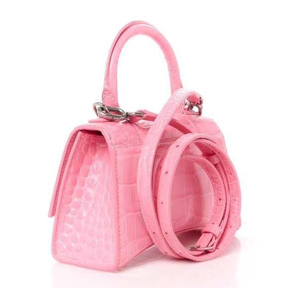 BALENCIAGA Hourglass Top Handle Mini Bag Crocodile Embossed Leather XS Pink Tote - Picture 3 of 12